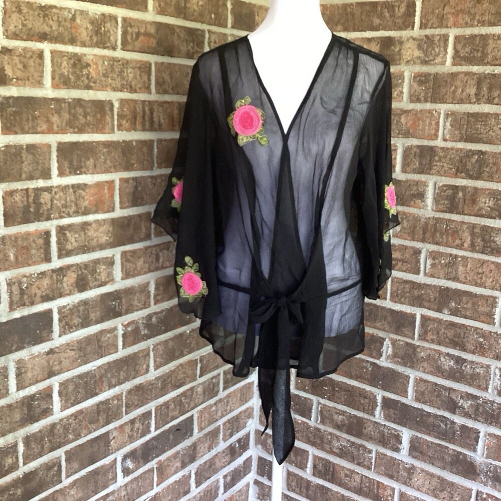 Karen Kane Fairy Core XL 100% Silk Blouse Black Embroidered Roses Boho Sheer